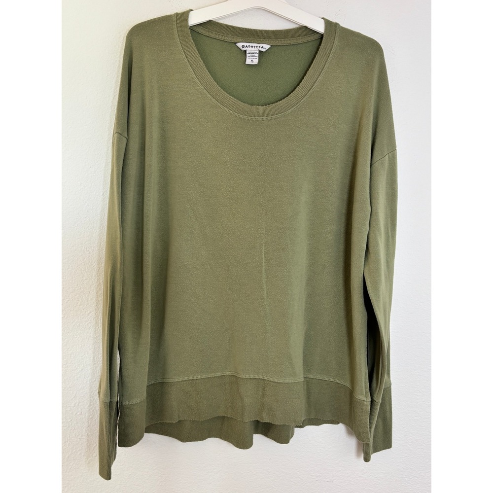 Athleta Olive Green Thumbhole Crewneck Sweatshirt XL Relaxed Fit Fleece Pullover